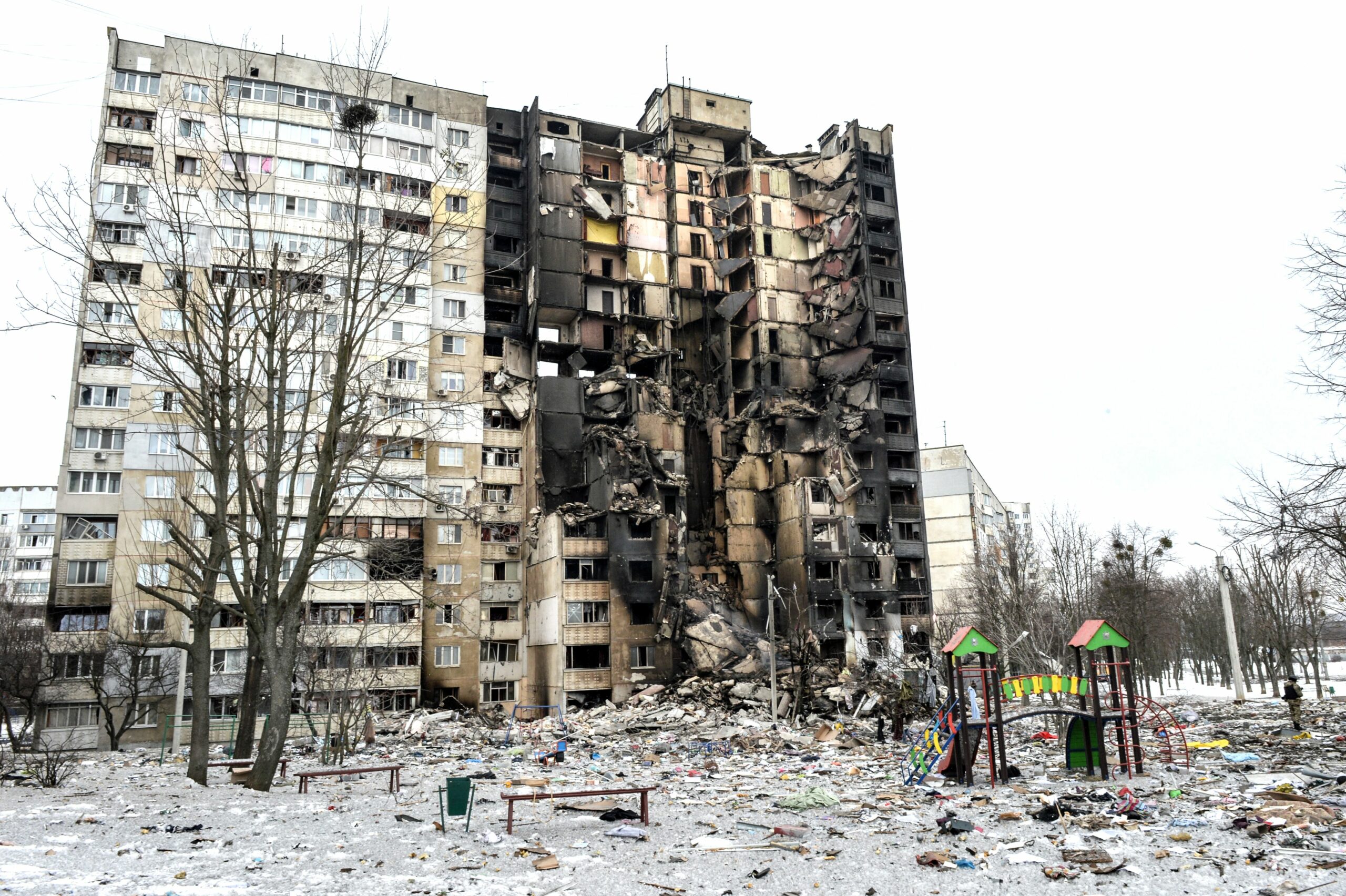 A morning in Ukraine Ruined apartment blocks, rubble in the streets