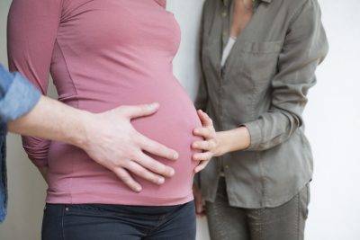 Closeup Of A Human Hand And A Woman On The Belly Of A Pregnant Woman 6 Months