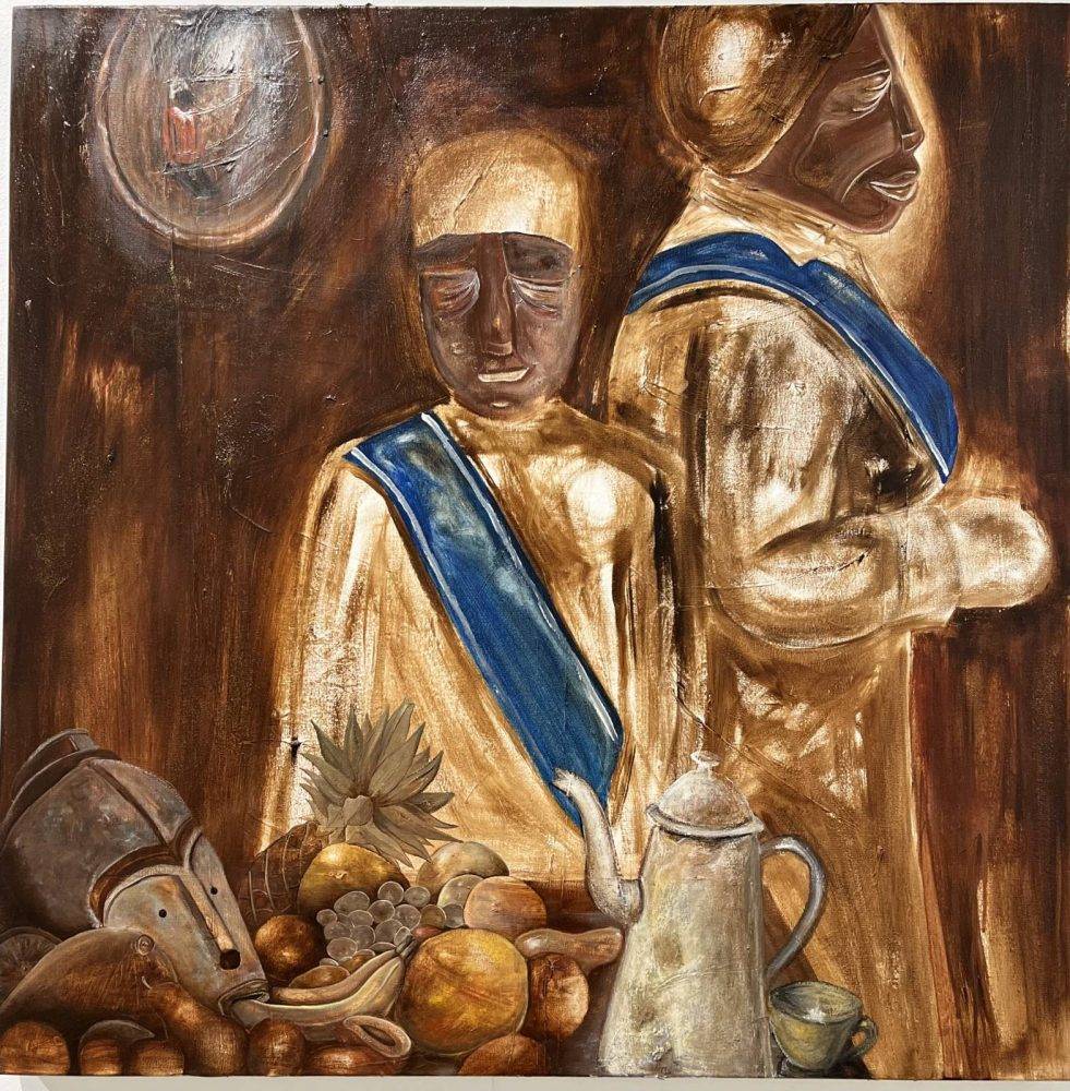 Phokanyokong,studyinsepia(motherandchildatcommunion),2024,oilsandglitteroncanvas,91cmx92cm(2)