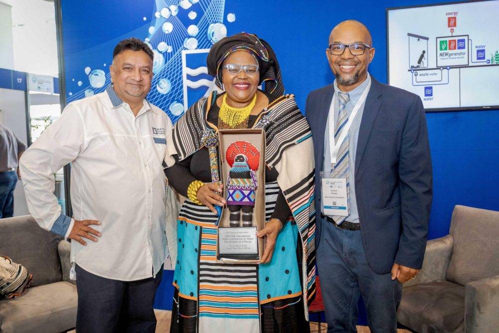 Iwa Chair Jay Bhagwan (water Research Commission), Honourable Minister Pemmy Majodina & Harrison Pienaar (water Resaearch Commission)