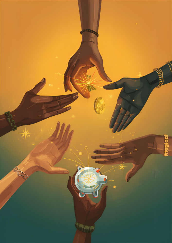 Hands Interlocking With Financial Symbols In Sunset